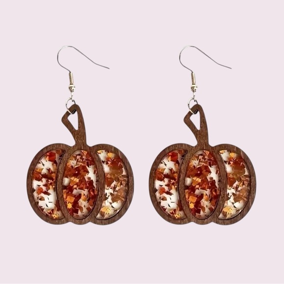 Pumpkin Shaped Wooden Earrings with Glitter Acrylic Center - Picture 1 of 2